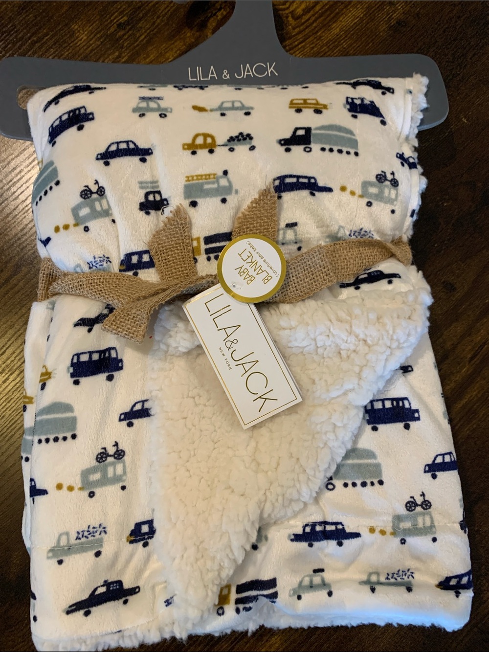 Lila & Jack Cream Baby Blanket with Navy and Gray Vehicle Print